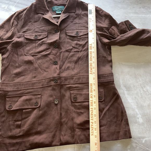 Lauren Ralph Lauren 100% Silk Women's Large  Military Shacket Brown Pockets - Picture 10 of 11